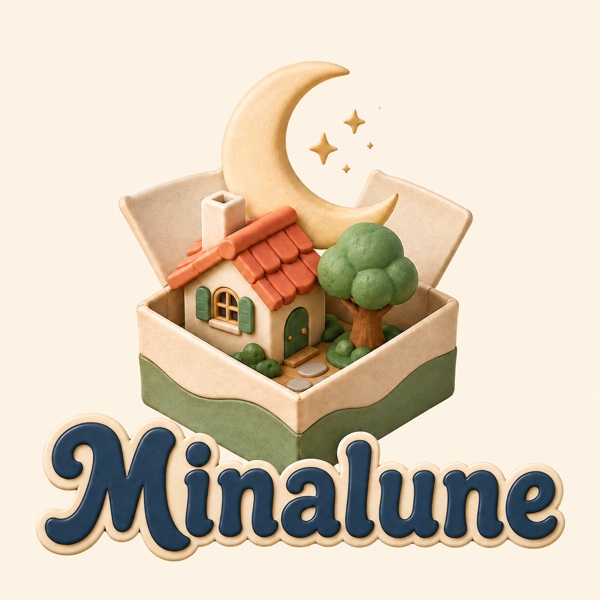 Minalune : une petite maison dans une boîte sous une lune dorée.